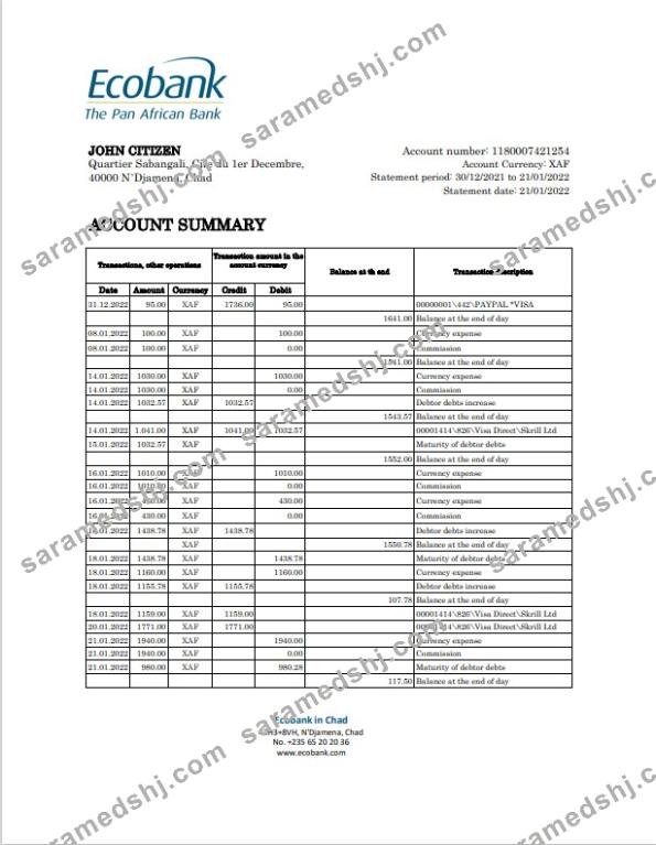 Chad Ecobank bank statement Excel and PDF template, completely editable (AutoSum)